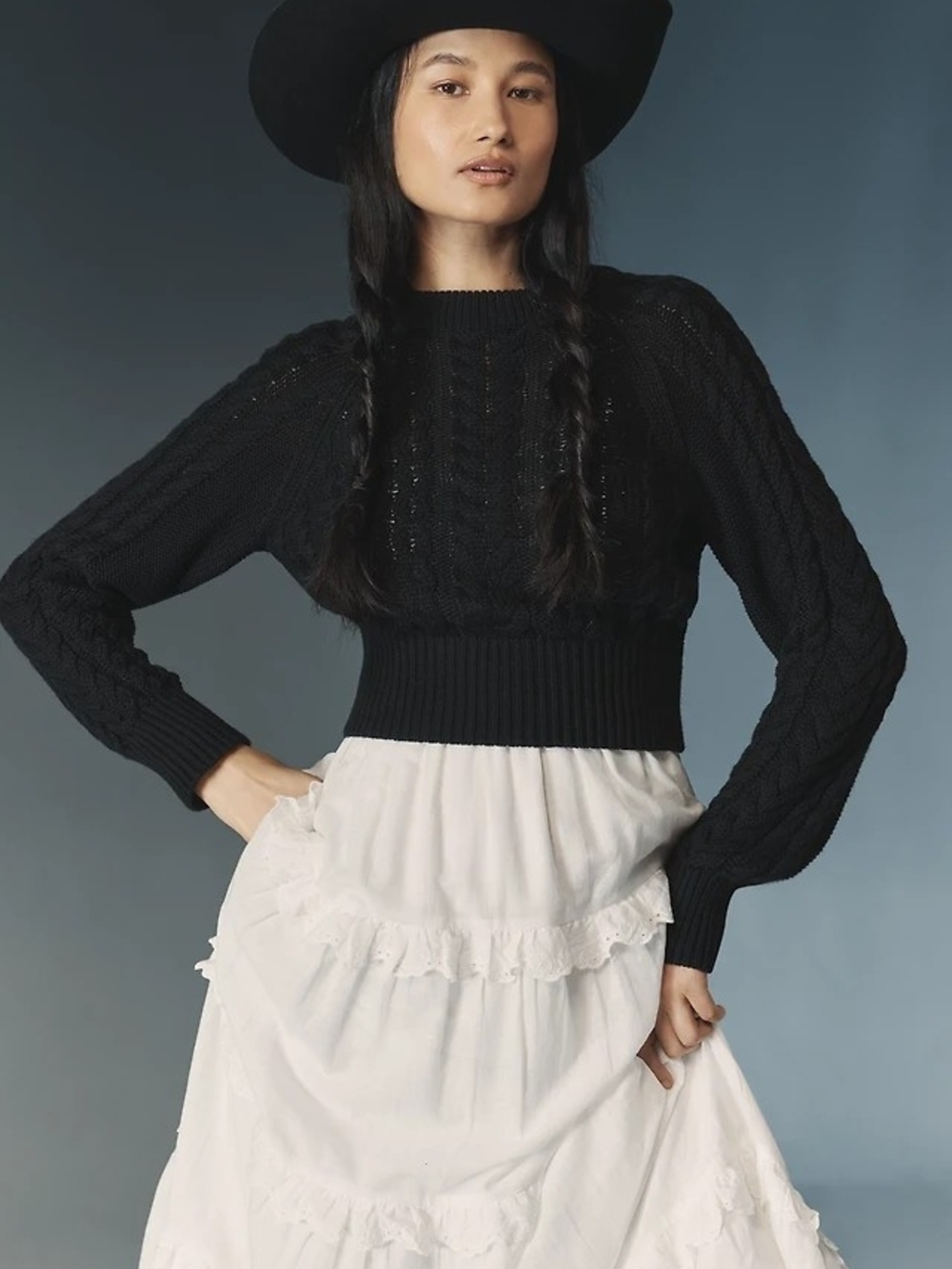 Anthropologie Twofer Black Sweater AND Tiered White Maxi Dress
